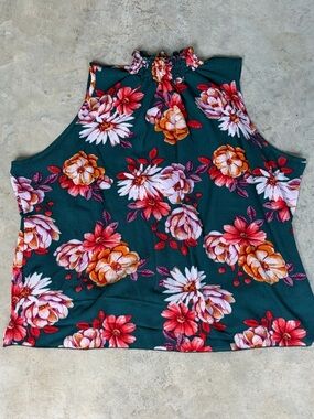 Urban Rose - Sleeveless Teal/Floral Top with Smocked Neck - Size 2X